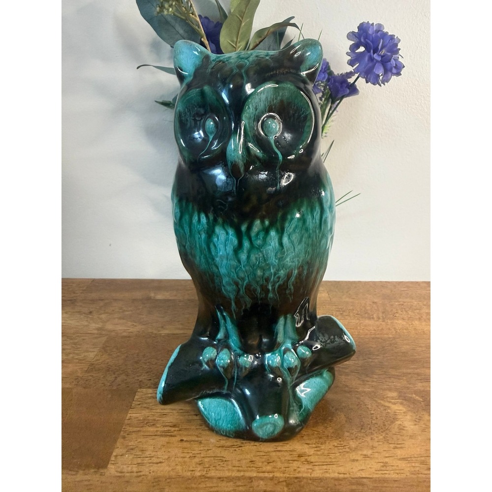 Blue Mountain Pottery Owl Vase Blue Green Drip Glaze Canada Vintage BMP MCM